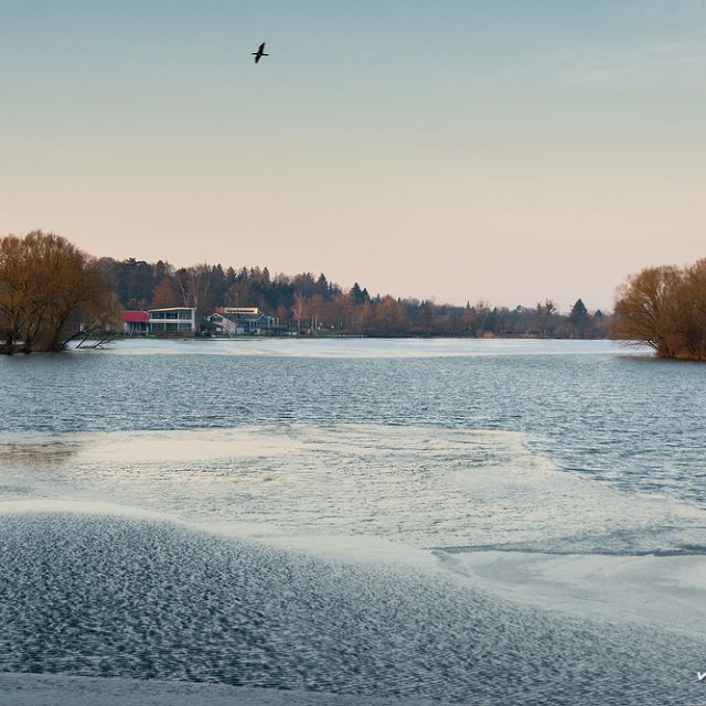 Januar 2015: teilweise zugefrorener See, Kiessee