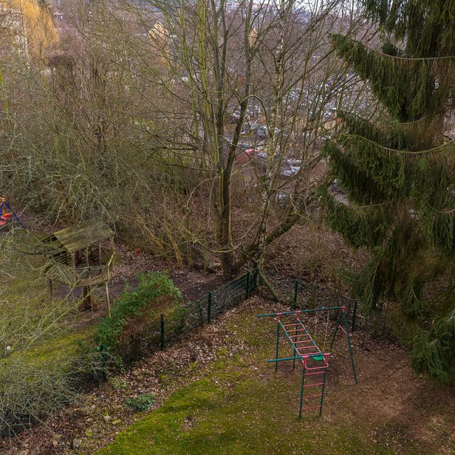 Garten zwischen Wohnhäusern und Parkplatz, alter Gehölzstreifen, Am Weißen Steine, Göttingen, Deutschland