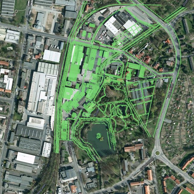 Levinscher Park mit Lageplan der Levinschen Wollfabrik, Quelle: Google Maps